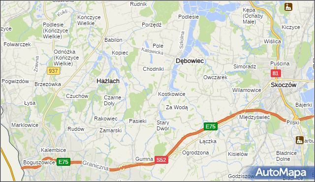 mapa Kostkowice gmina Dębowiec, Kostkowice gmina Dębowiec na mapie Targeo