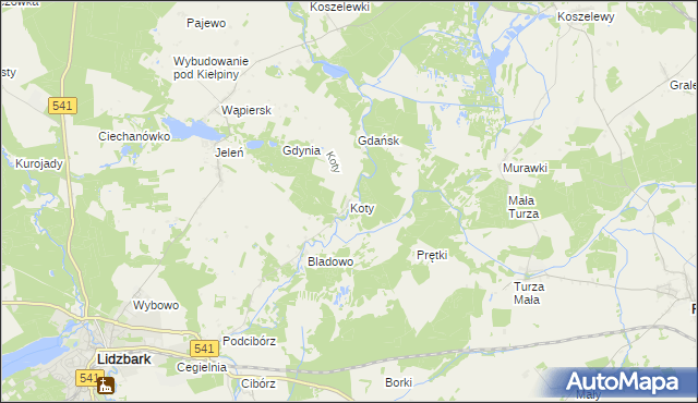 mapa Koty gmina Lidzbark, Koty gmina Lidzbark na mapie Targeo