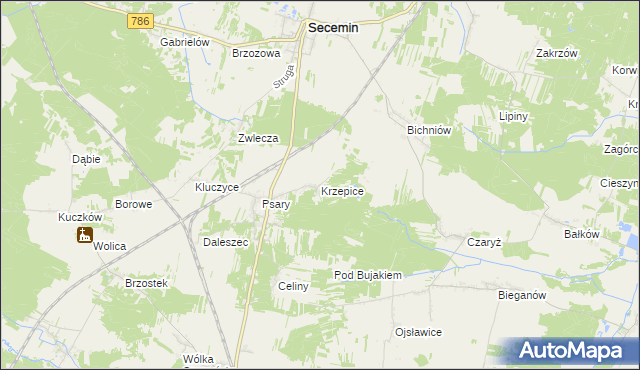 mapa Krzepice gmina Secemin, Krzepice gmina Secemin na mapie Targeo