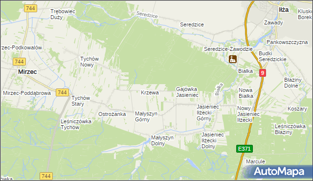 mapa Krzewa gmina Mirzec, Krzewa gmina Mirzec na mapie Targeo