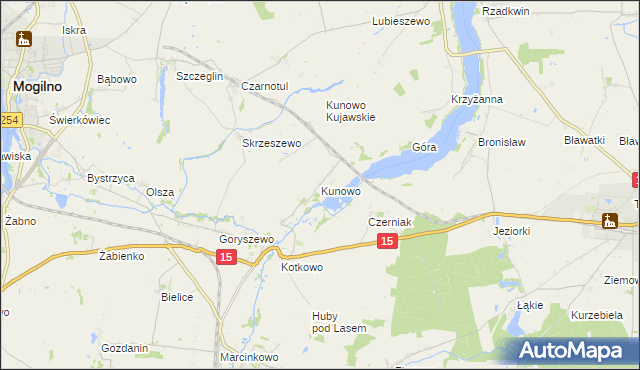 mapa Kunowo gmina Mogilno, Kunowo gmina Mogilno na mapie Targeo