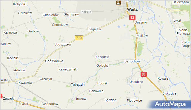 mapa Łabędzie gmina Warta, Łabędzie gmina Warta na mapie Targeo