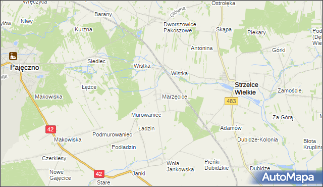 mapa Marzęcice gmina Strzelce Wielkie, Marzęcice gmina Strzelce Wielkie na mapie Targeo