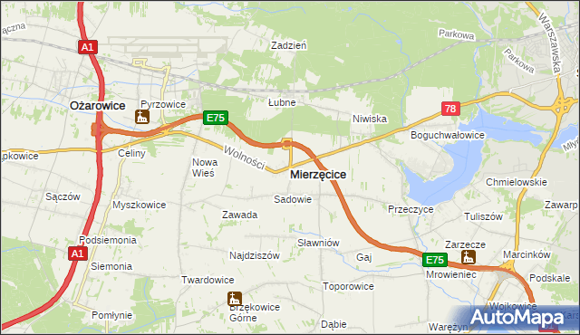 mapa Mierzęcice, Mierzęcice na mapie Targeo