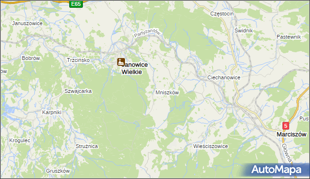 mapa Mniszków gmina Janowice Wielkie, Mniszków gmina Janowice Wielkie na mapie Targeo