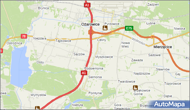 mapa Myszkowice gmina Bobrowniki, Myszkowice gmina Bobrowniki na mapie Targeo