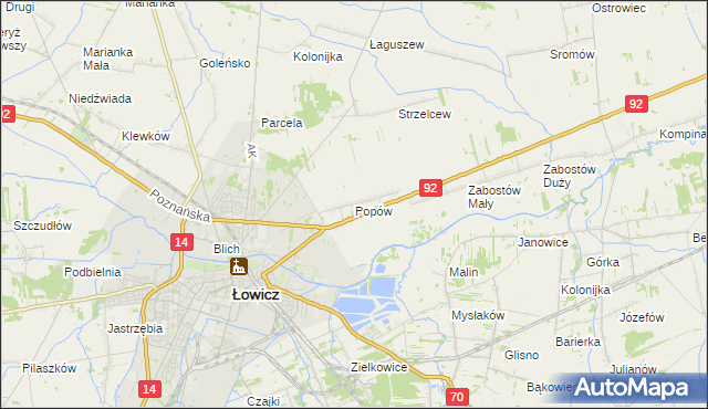 mapa Popów gmina Łowicz, Popów gmina Łowicz na mapie Targeo
