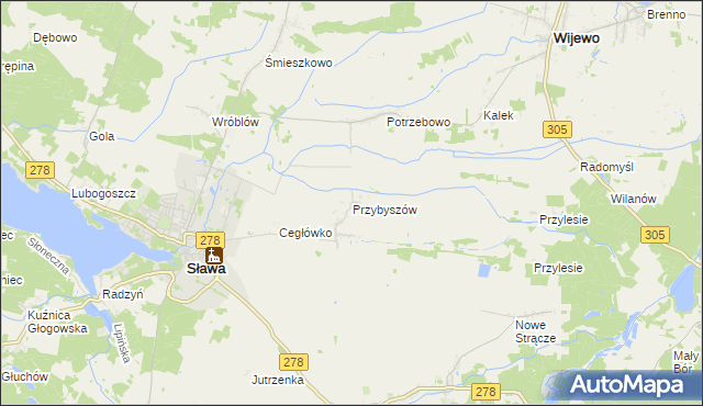 mapa Przybyszów gmina Sława, Przybyszów gmina Sława na mapie Targeo
