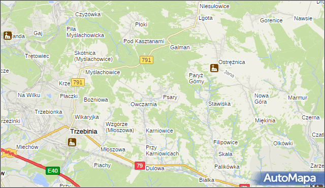 mapa Psary gmina Trzebinia, Psary gmina Trzebinia na mapie Targeo