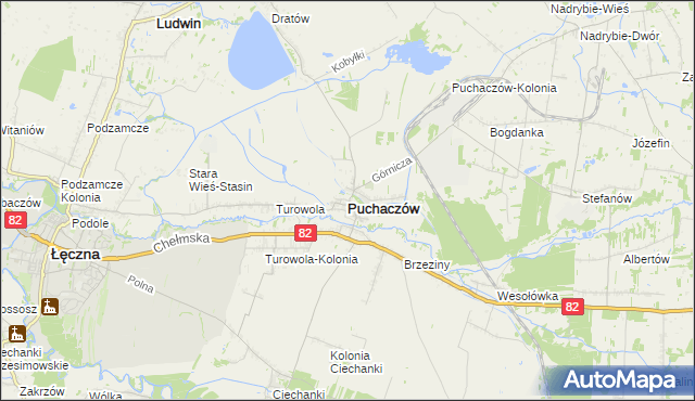 mapa Puchaczów powiat łęczyński, Puchaczów powiat łęczyński na mapie Targeo