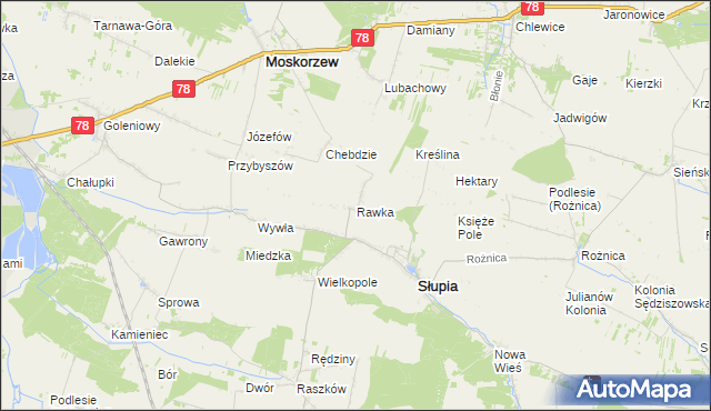 mapa Rawka gmina Słupia, Rawka gmina Słupia na mapie Targeo