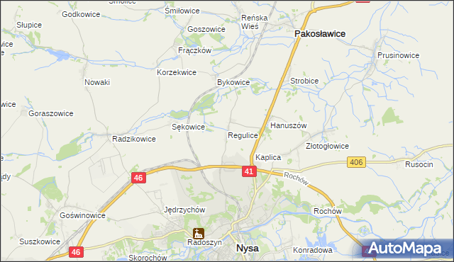 mapa Regulice gmina Nysa, Regulice gmina Nysa na mapie Targeo