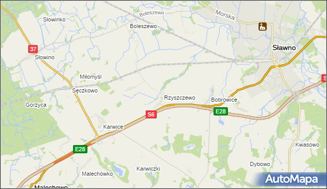 mapa Rzyszczewo gmina Sławno, Rzyszczewo gmina Sławno na mapie Targeo