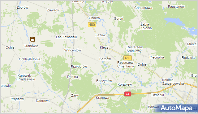 mapa Sarnów gmina Widawa, Sarnów gmina Widawa na mapie Targeo