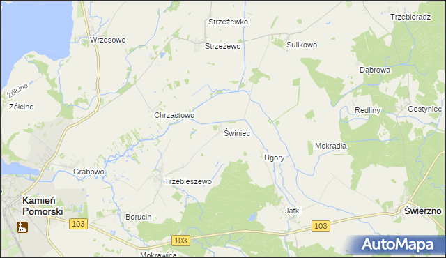 mapa Świniec gmina Kamień Pomorski, Świniec gmina Kamień Pomorski na mapie Targeo