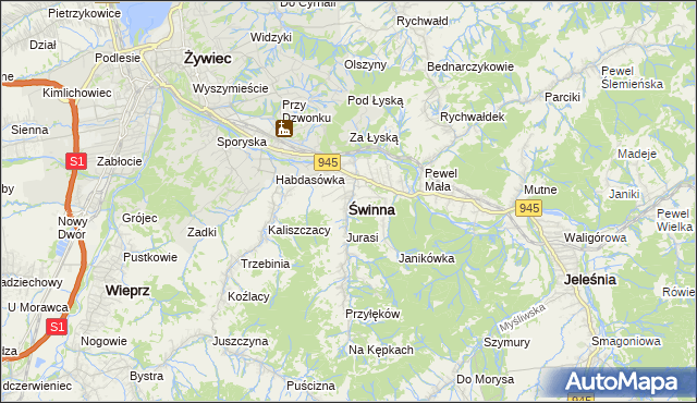 mapa Świnna powiat żywiecki, Świnna powiat żywiecki na mapie Targeo