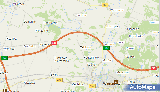 mapa Teklinów gmina Wieruszów, Teklinów gmina Wieruszów na mapie Targeo