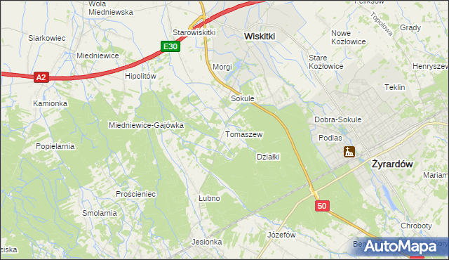 mapa Tomaszew gmina Wiskitki, Tomaszew gmina Wiskitki na mapie Targeo