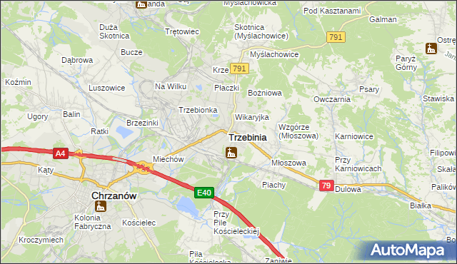 mapa Trzebinia powiat chrzanowski, Trzebinia powiat chrzanowski na mapie Targeo