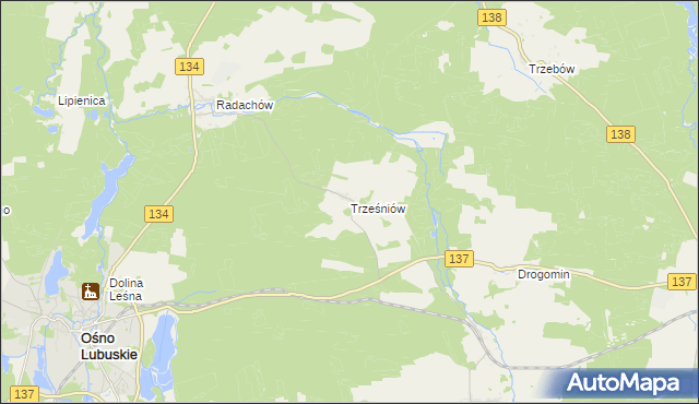 mapa Trześniów gmina Ośno Lubuskie, Trześniów gmina Ośno Lubuskie na mapie Targeo