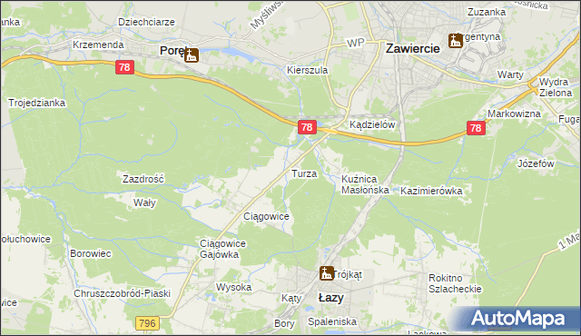 mapa Turza gmina Łazy, Turza gmina Łazy na mapie Targeo