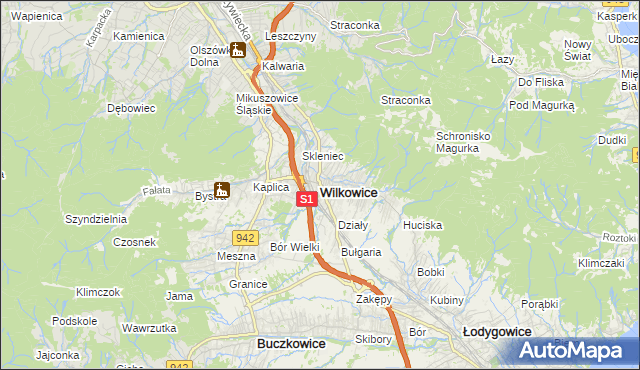 mapa Wilkowice powiat bielski, Wilkowice powiat bielski na mapie Targeo