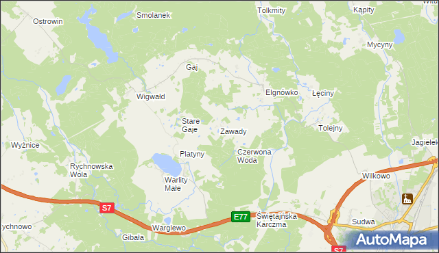 mapa Zawady gmina Olsztynek, Zawady gmina Olsztynek na mapie Targeo