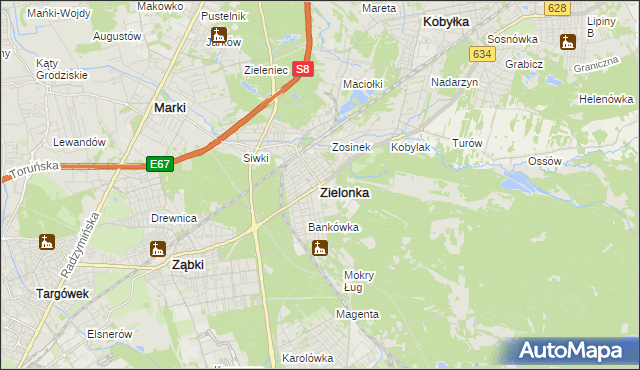 mapa Zielonka powiat wołomiński, Zielonka powiat wołomiński na mapie Targeo