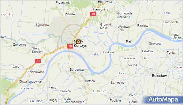 mapa Łęka gmina Nowy Korczyn, Łęka gmina Nowy Korczyn na mapie Targeo