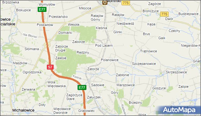 mapa Polanowice gmina Słomniki, Polanowice gmina Słomniki na mapie Targeo