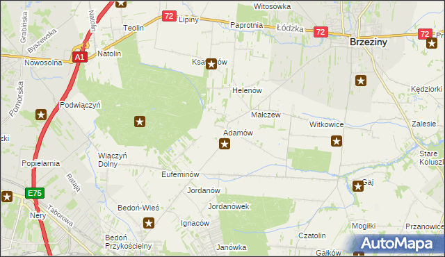 mapa Adamów gmina Brzeziny, Adamów gmina Brzeziny na mapie Targeo