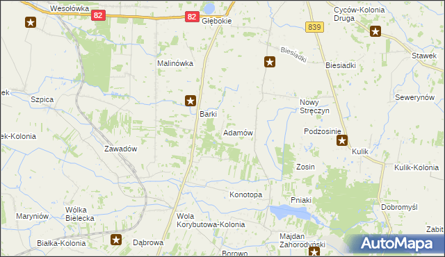 mapa Adamów gmina Cyców, Adamów gmina Cyców na mapie Targeo
