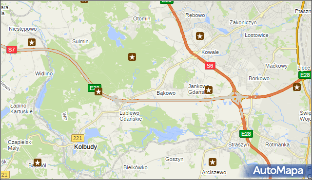 mapa Bąkowo gmina Kolbudy, Bąkowo gmina Kolbudy na mapie Targeo