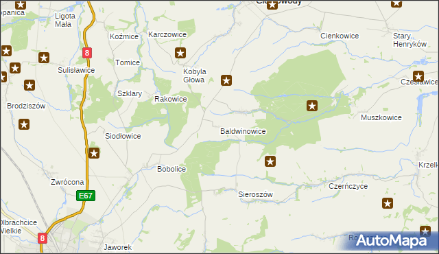 mapa Baldwinowice gmina Ciepłowody, Baldwinowice gmina Ciepłowody na mapie Targeo