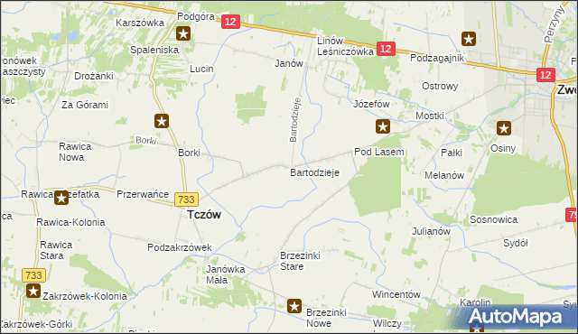 mapa Bartodzieje gmina Tczów, Bartodzieje gmina Tczów na mapie Targeo