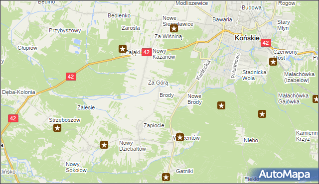 mapa Brody gmina Końskie, Brody gmina Końskie na mapie Targeo
