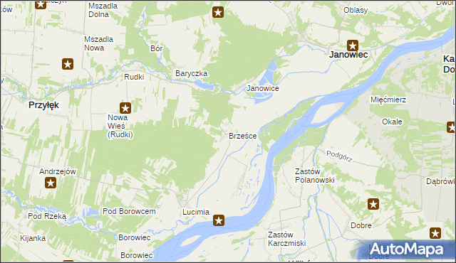 mapa Brześce gmina Janowiec, Brześce gmina Janowiec na mapie Targeo