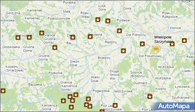 mapa Brzeziny gmina Wielopole Skrzyńskie, Brzeziny gmina Wielopole Skrzyńskie na mapie Targeo