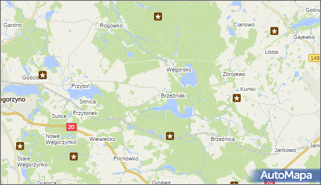 mapa Brzeźniak gmina Węgorzyno, Brzeźniak gmina Węgorzyno na mapie Targeo