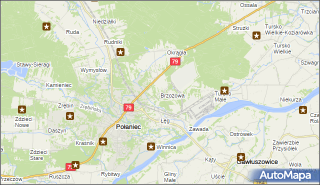 mapa Brzozowa gmina Połaniec, Brzozowa gmina Połaniec na mapie Targeo