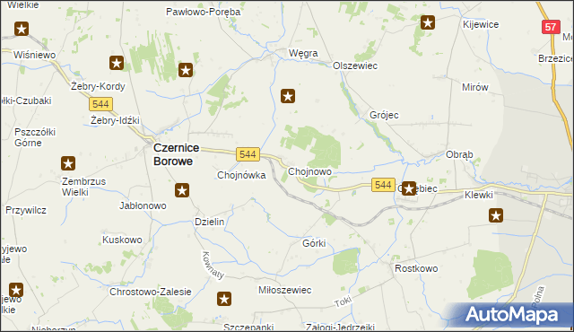 mapa Chojnowo gmina Czernice Borowe, Chojnowo gmina Czernice Borowe na mapie Targeo