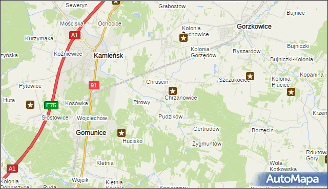 mapa Chrzanowice gmina Gomunice, Chrzanowice gmina Gomunice na mapie Targeo