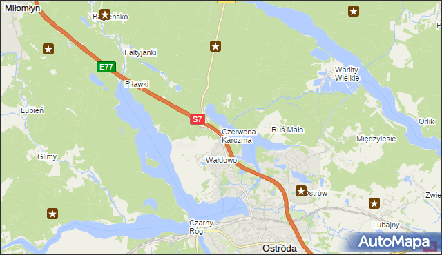 mapa Czerwona Karczma gmina Ostróda, Czerwona Karczma gmina Ostróda na mapie Targeo