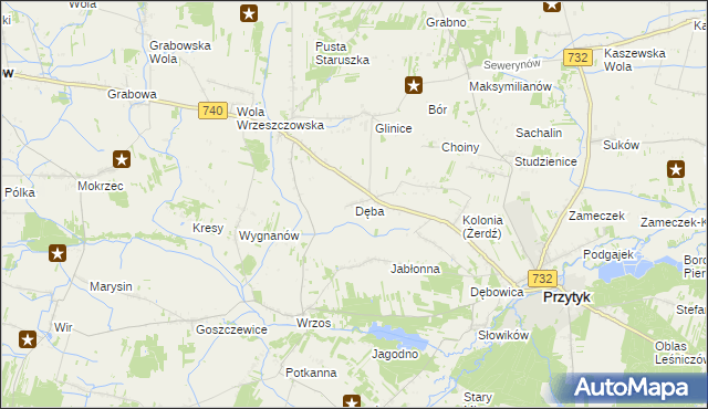 mapa Dęba gmina Przytyk, Dęba gmina Przytyk na mapie Targeo