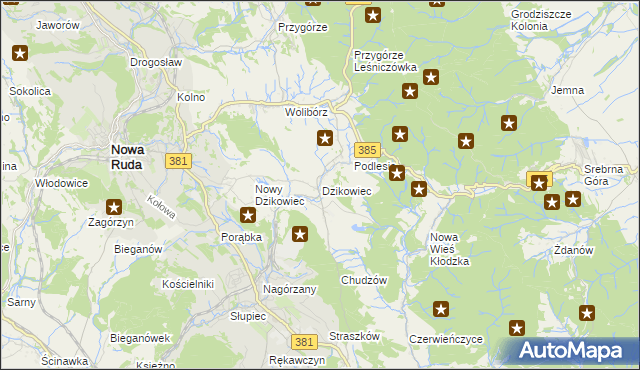 mapa Dzikowiec gmina Nowa Ruda, Dzikowiec gmina Nowa Ruda na mapie Targeo