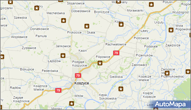 mapa Filipowice gmina Koszyce, Filipowice gmina Koszyce na mapie Targeo