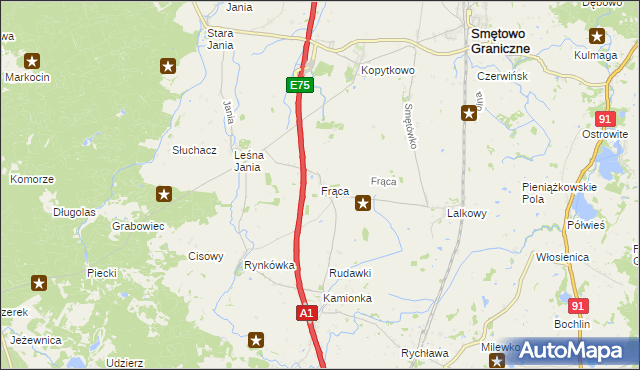 mapa Frąca gmina Smętowo Graniczne, Frąca gmina Smętowo Graniczne na mapie Targeo