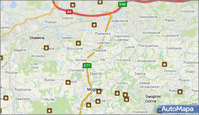 mapa Gaj gmina Mogilany, Gaj gmina Mogilany na mapie Targeo
