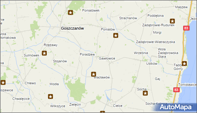mapa Gawłowice gmina Goszczanów, Gawłowice gmina Goszczanów na mapie Targeo