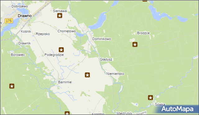 mapa Gładysz gmina Drawno, Gładysz gmina Drawno na mapie Targeo